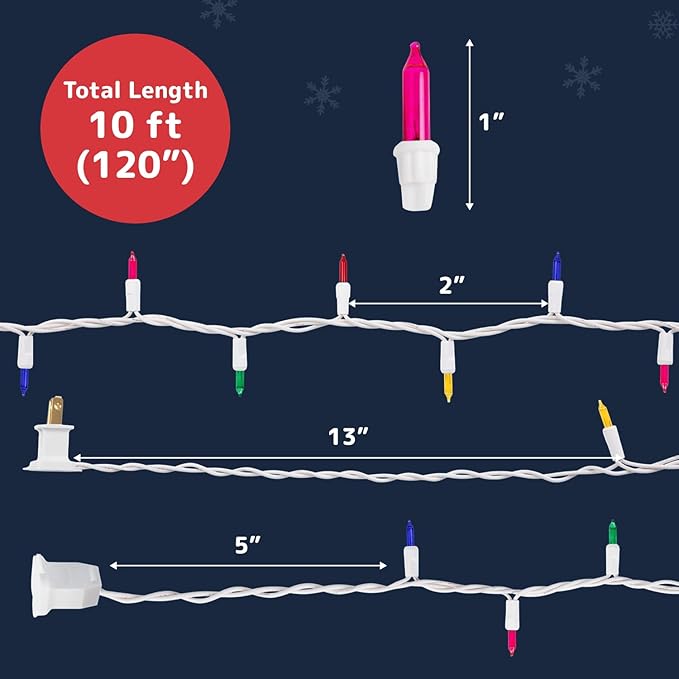 PREXTEX 50 Ct. Multi-Color Christmas Tree Lights with White Wire - 10 Ft Holiday String Lights for Indoor and Outdoor Use- Multicolor Incandescent Christmas Tree Decoration with End-to-End Connectors