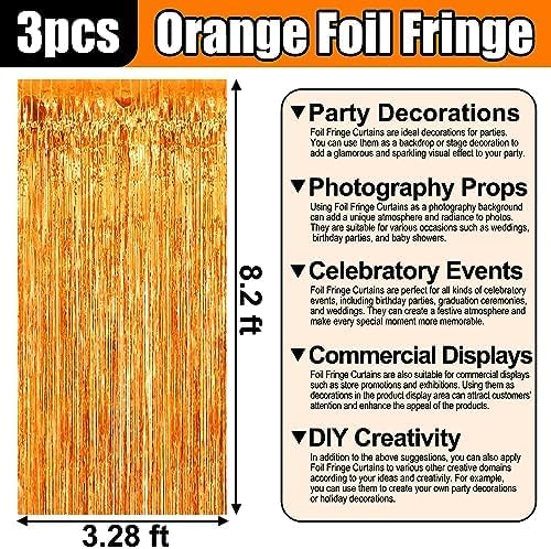 3 Pack Macaron Orange Foil Fringe Curtain Backdrop, 3.28Ft x 8.2Ft Metallic Tinsel Foil Fringe Streamer Curtains for Photo Booth, Christmas Day, Thanksgiving, Wedding, New Year Party Decorations