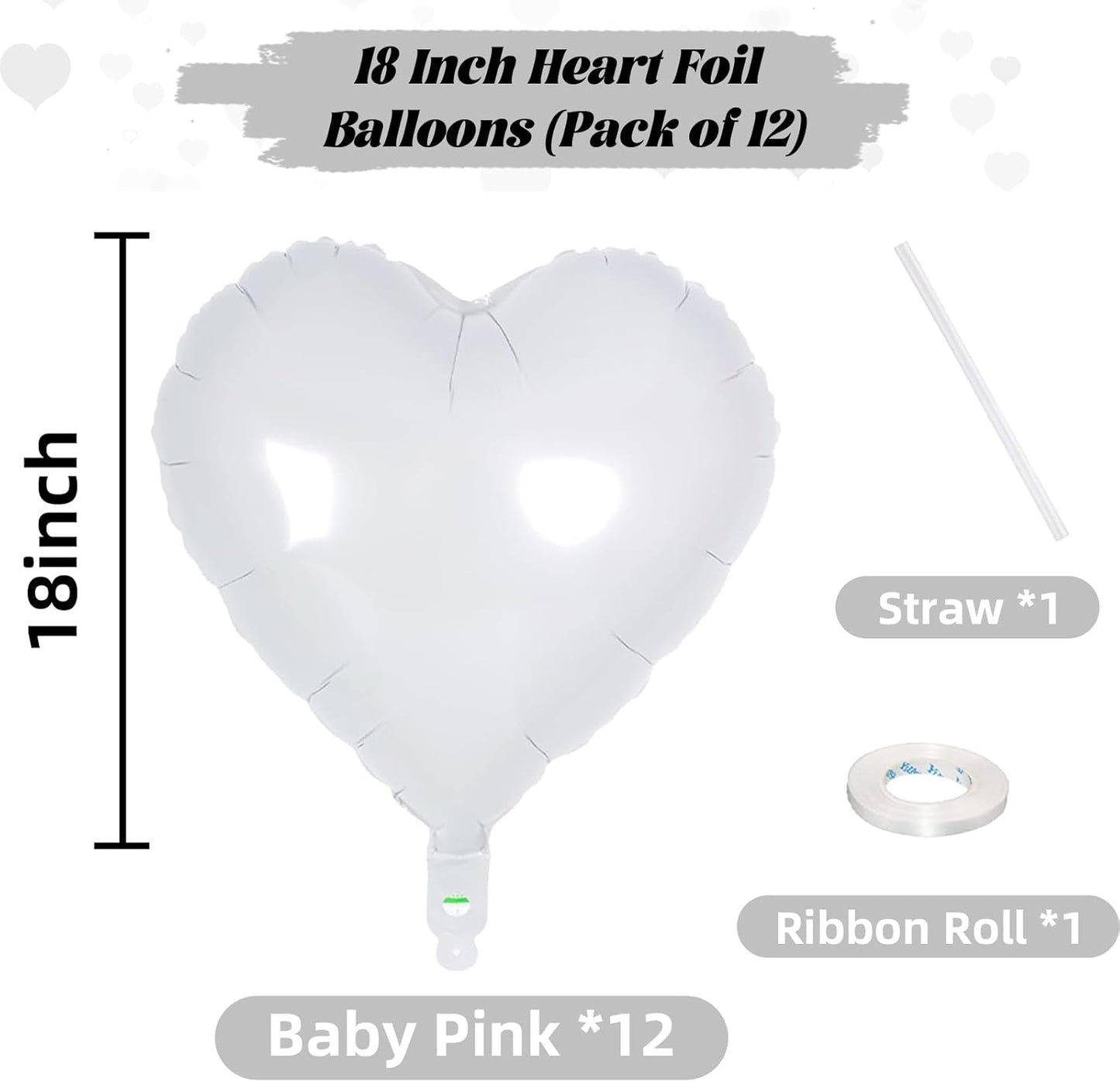 White Heart Foil Balloons, 18 Inch, 12Pcs Large Helium Balloons for Wedding, Birthday, Baby Shower, Bridal, Valentine, Graduation Party Decorations