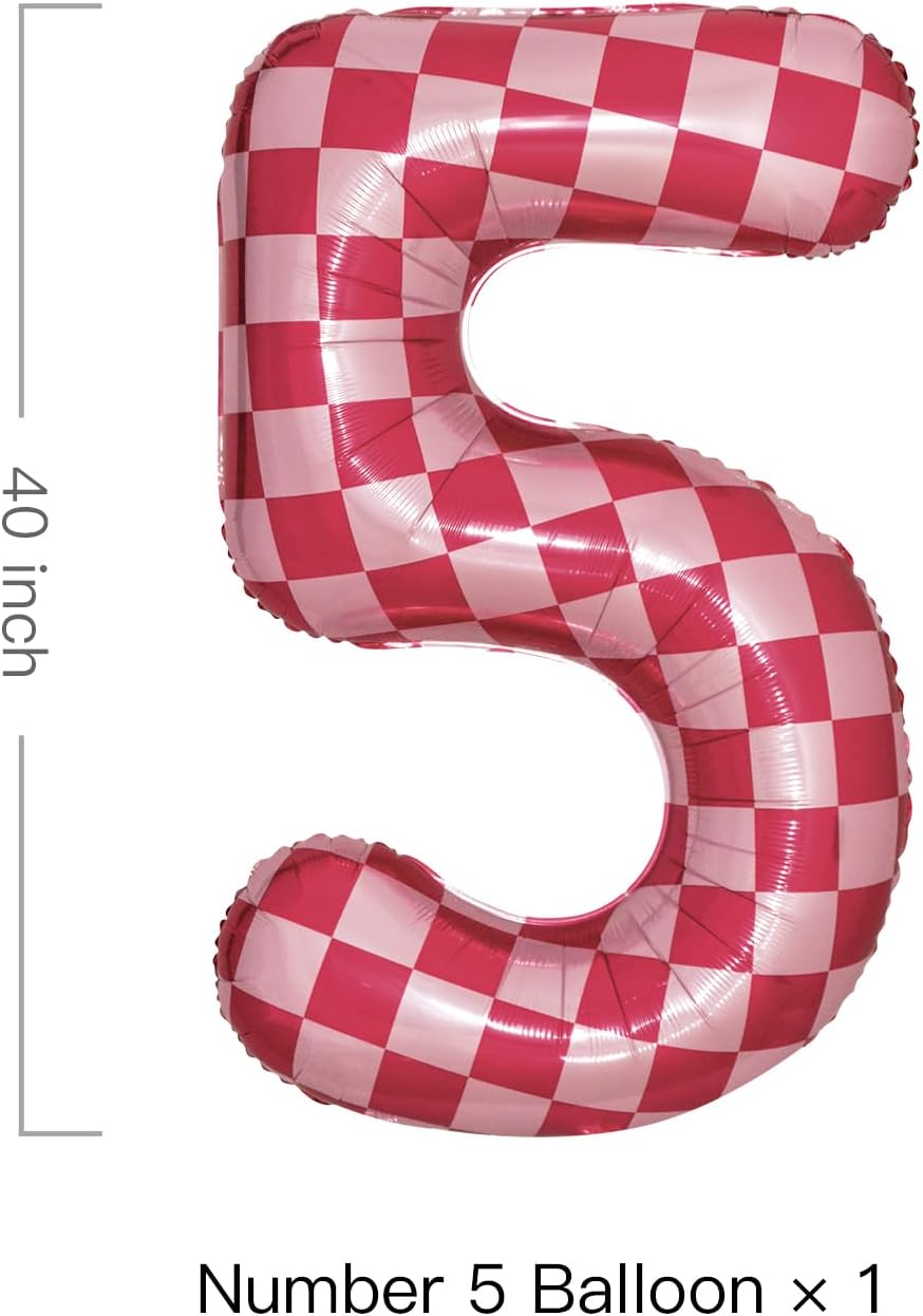 40 Inch Pink Checkered 5 Balloon Large Hot Pink Number Balloons for Girls 5th Birthday Decorations Pink Number 5 Balloon