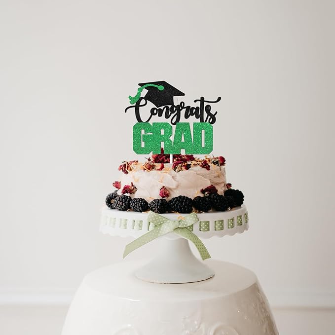 Congrats Grad Cake Topper - High Sohool/College Graduation Party Decoration Supplies - Congratulations Class of 2025 Party Cake Decorations (Green)
