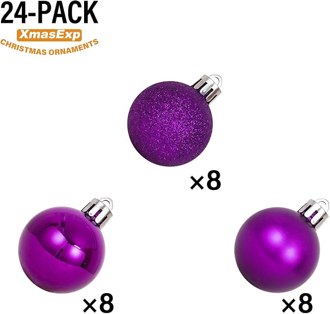 XmasExp 24ct Mini Christmas Ball Ornaments Shatterproof Christmas Ornaments Set Decorations for Xmas Tree Balls 30mm/1.18" (Purple)