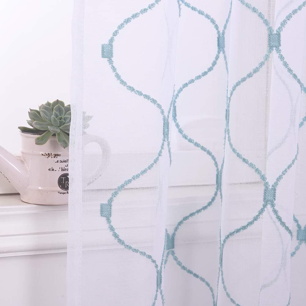 Embroidery Sheer Curtains Blue 84 Inches, Rod Pocket Voile Drapes for Living room, Bedroom, Window Treatments Wave Diamond Semi Crinkle Curtain Panels for Yard, Patio, Villa, Set of 2, 52"x 84".