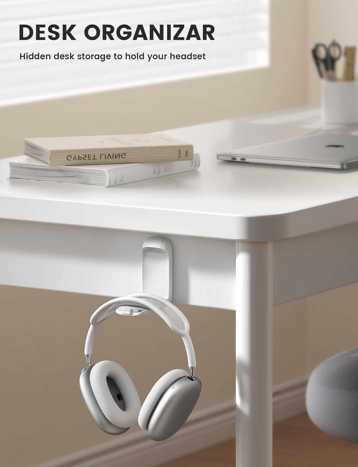 Lamicall Headphone Stand, Sticky Headset Holder - Foldable Headphone Holder Hook Mount, Adhesive Headset Hanger Clip Under Desk, Earphone Clamp for Airpods Max, HyperX, Sennheiser, White