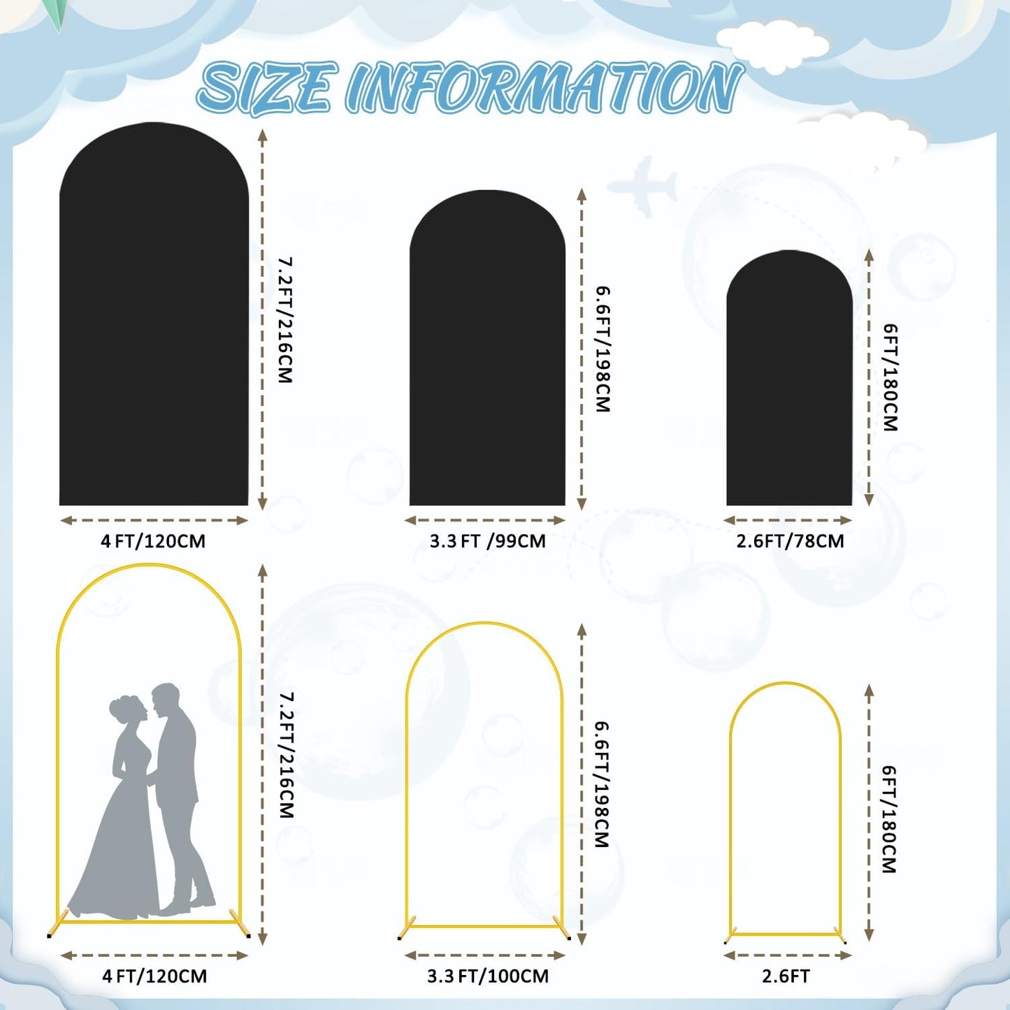 FOTSHARER Wedding Arch Backdrop Stand and Black Arch Covers Stretchy Backdrop Set of 3 (7.2FT, 6.6FT, 6FT) Metal Arched Stand with Spandex Arch Covers for Graduation Ceremony Bridal Shower Event Decor