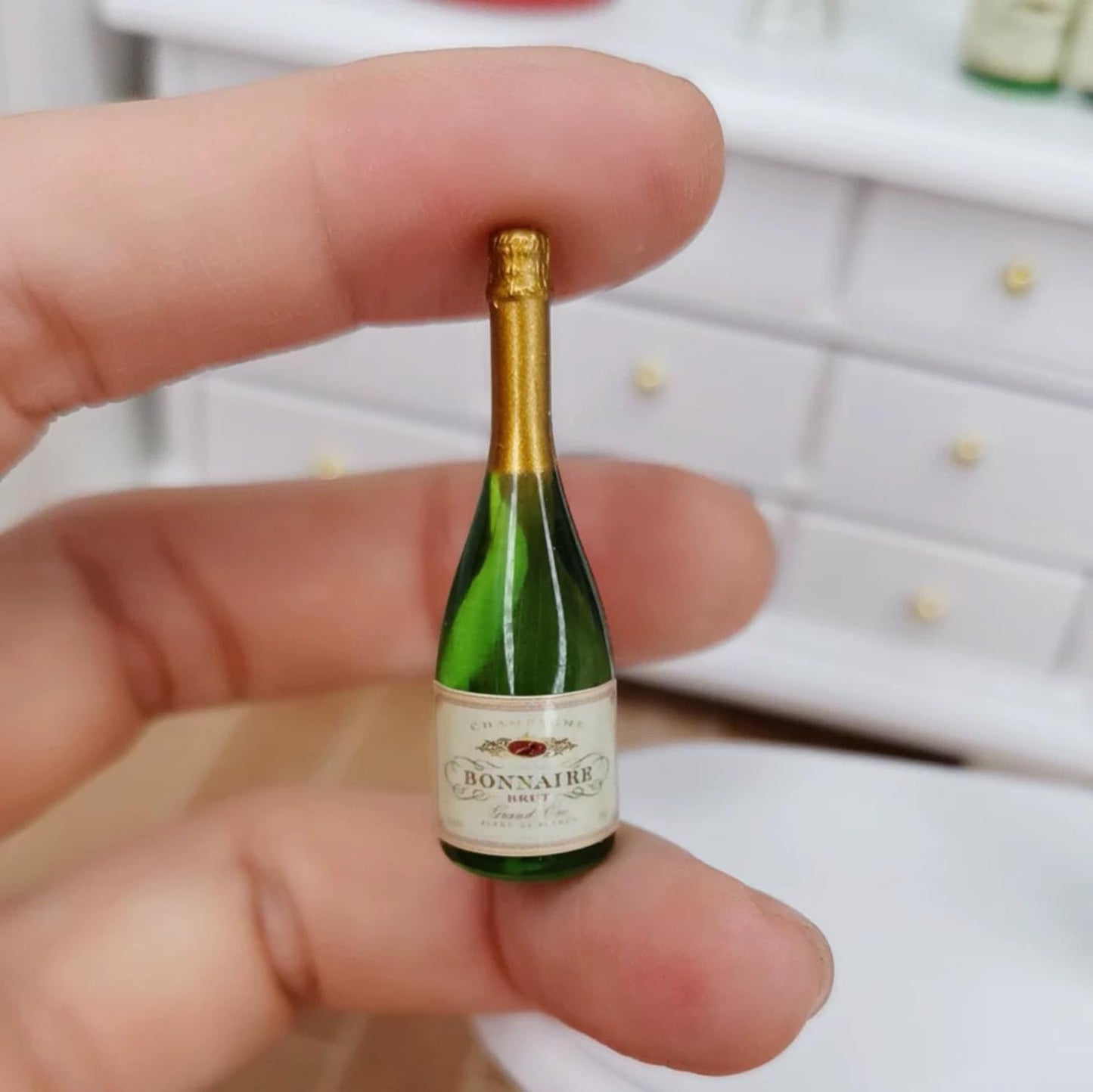Miniature Champagne Bottle with 2 Glasses, 1:12 Dollhouse Decor, Green Resin, 1 Champagne Bottle with 2 Glasses