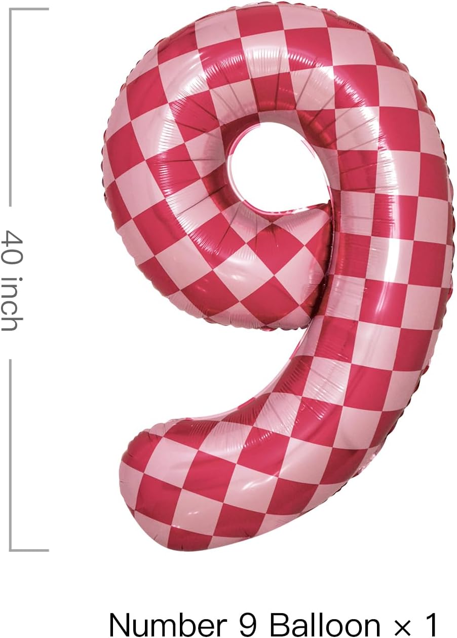 40 Inch Pink Checkered 9 Balloon Large Hot Pink Number Balloons for Girls 9th Birthday Decorations Pink Number 9 Balloon