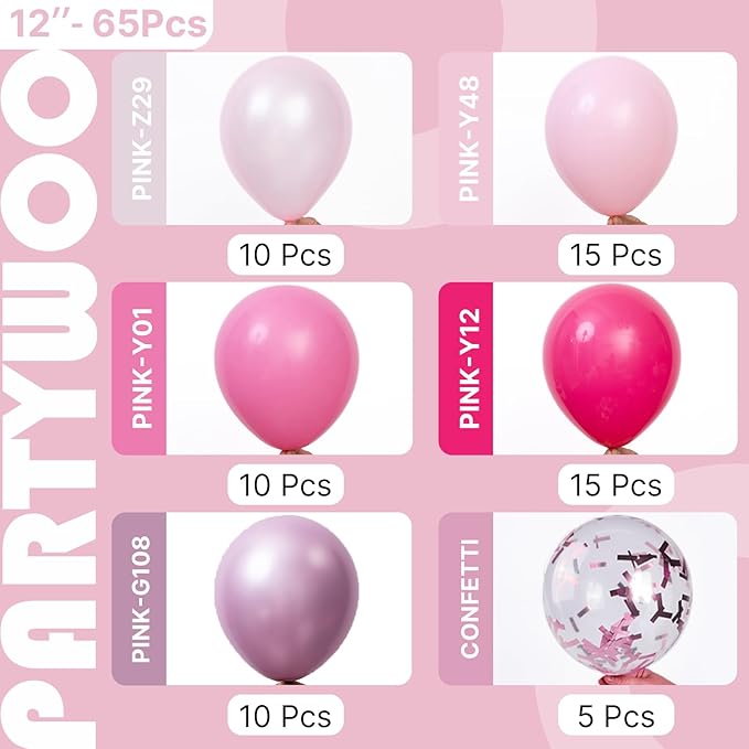 PartyWoo Pink Balloons 65pcs 12 Inch Pearl Metallic Mauve Magenta Fuchsia Hot Pink Confetti Latex Balloons for Gender Reveal Bridal Shower Baby Shower Princess Theme Birthday Party Decorations
