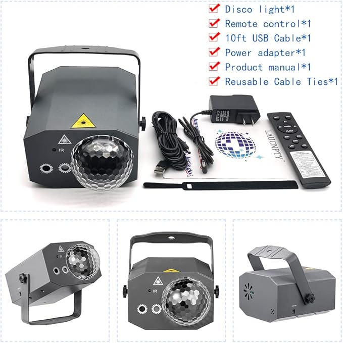 Dj Party Disco Ball Lights with Pattern and Sound Activated, 10 ft USB Cable, Laucnpty LED Stage Strobe Light That Sync with Music, Christmas Rave/Home Karaoke/Dance/Club Bar Lights for Parties