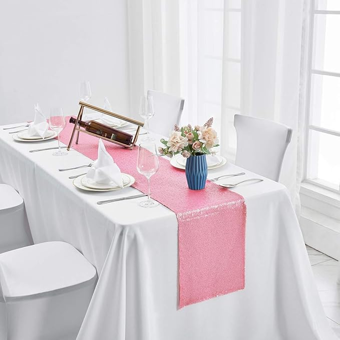 2 Packs 12 x 72 inches Pink Sequin Table Runner, Glitter Runner for Birthday Party Supplies Decorations Wedding Bachelorette Holiday Celebration Bridal Shower Baby Shower