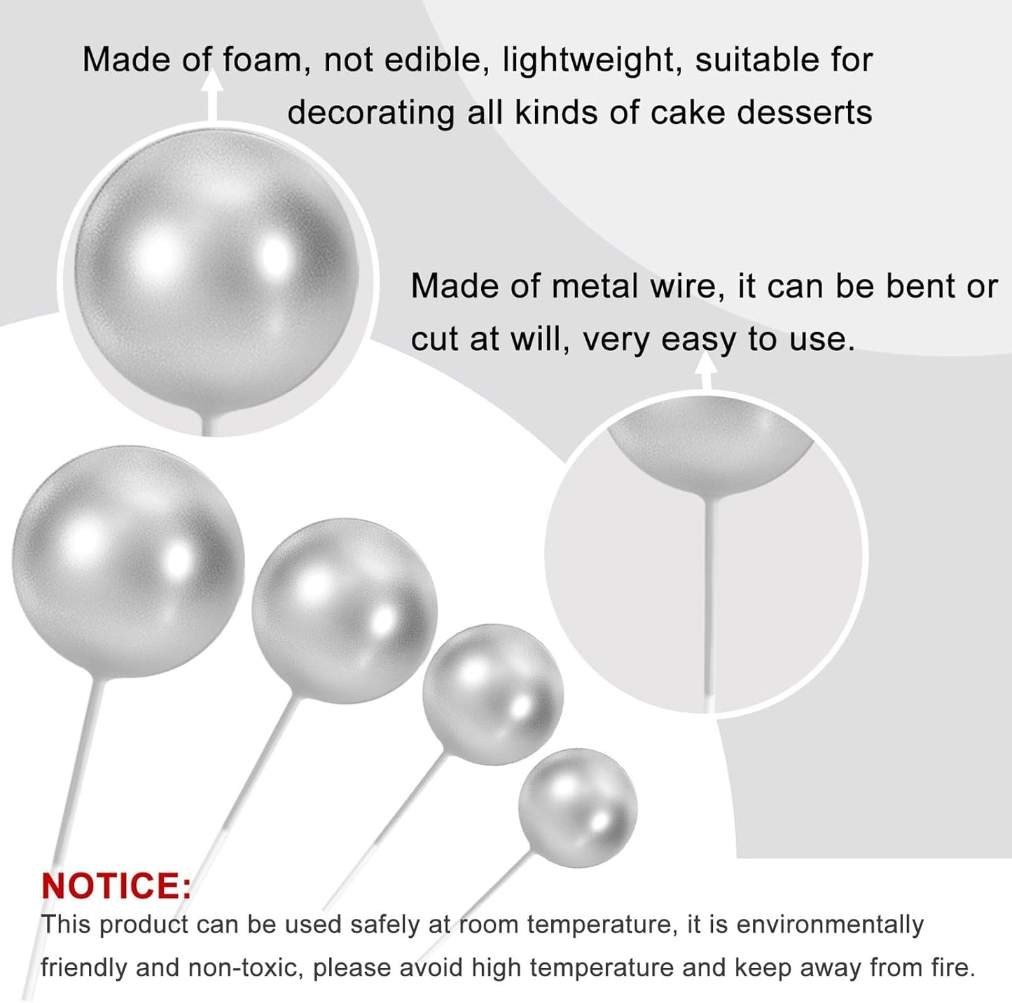 ASTARON 20 Pcs Ball Cake Topper Decorations Mini Balloons Cake Topper Sticks Silver Cake Balls for Graduation Wedding Birthday Cake Decorations