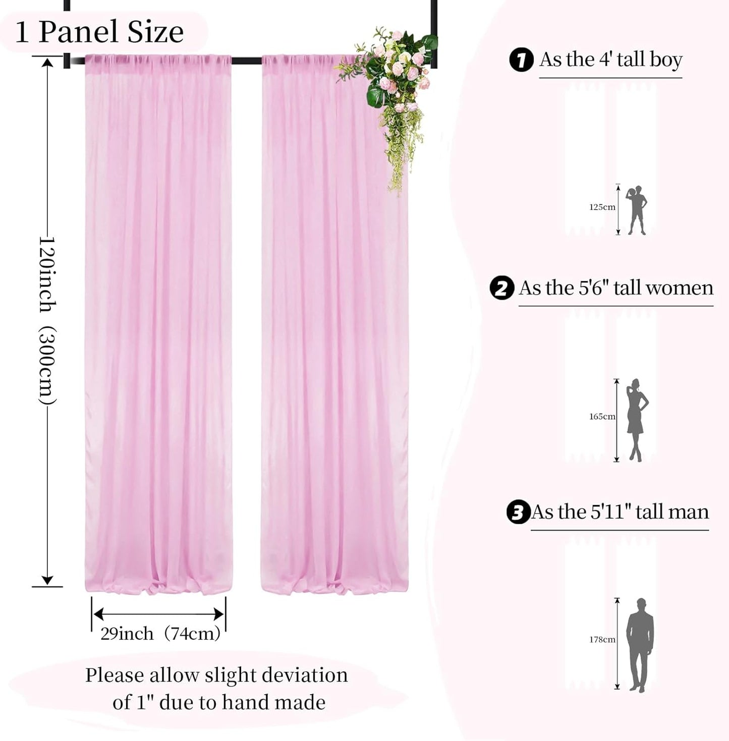 DUOBAO Pink Chiffon Backdrop Curtain-2 Panels 29x120-Inch Wedding Draping Beach Curtains for Living Room Polyester Voile Window Darpes Photography Backdrops for Party Ceremony (29''x120''x2pc)