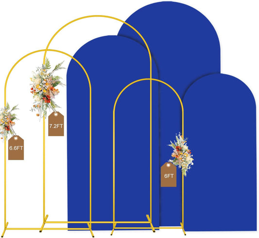 MODFUNS Metal Arch Backdrop Stand and Cover Set 6&6.6&7.2ft Gold Wedding Arched Frame Royal Blue Arches Cover Backdrop Arch Stand for Party Birthday Banquet Reception Decor