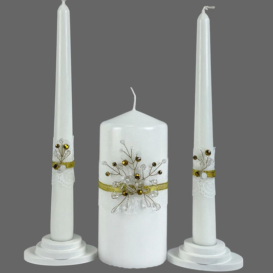 Unity Candle Set - Wedding Ceremony & Reception – 6” Pillar & Two 10” Taper Candles – Long Burning Unity Candles for Marriage Ritual – Handmade in USA – Diamond |Gold