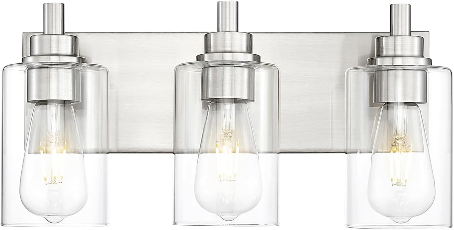 3-Light Bathroom Light Fixtures, Brushed Nickel Vanity Light with Cylinder Clear Glass Shade, Modern Vanity Lighting Fixtures Over Mirror, VL143-BN-3