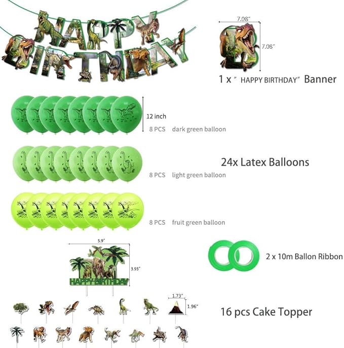 Dinosaur Birthday Decorations – Dino Theme Party Supplies with Happy Birthday Banner, 24 Balloons, 16 Cupcake & Cake Toppers, Ribbons – Dinosaur Balloons & Decorations for Kids