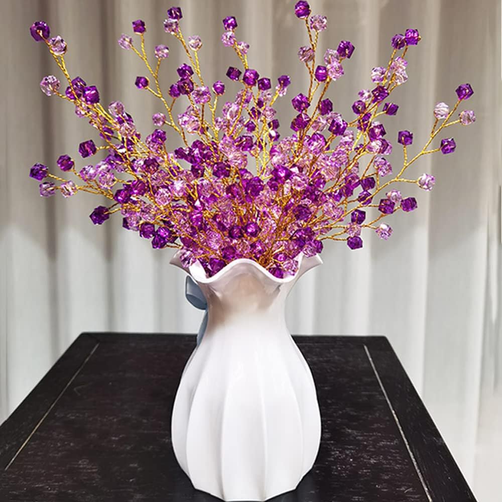 16PCS Crystal Artificial Flowers Bouquets Handmade Acrylic Flower Branches Fake Beaded Baby Breath Floral Crafts for Wedding Party Home Decor