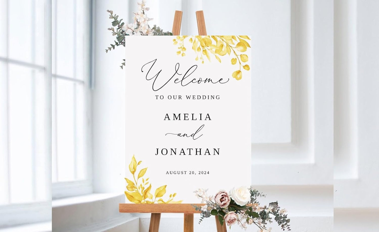Welcome Wedding Sign Personalized, Watercolor Yellow Wedding Sign Decorations Signage 12" X 18" (Small), 27" (Medium), 36" (Large), Plastic, Modern, Pole Mount, Weather