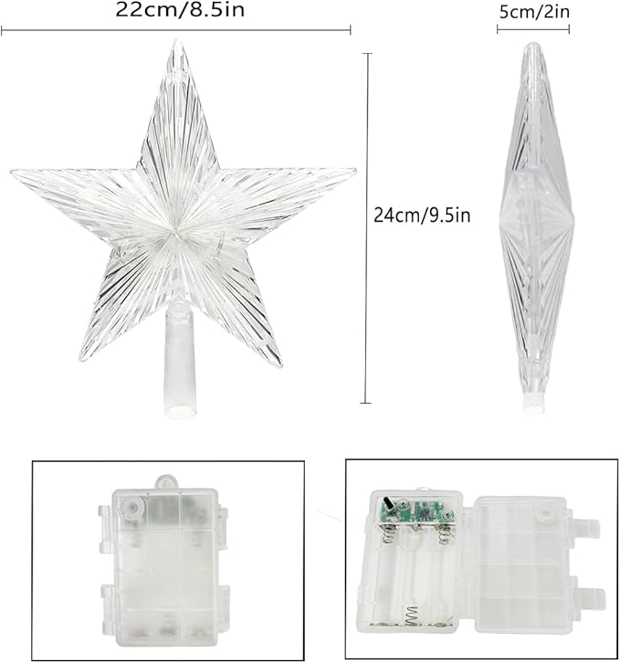 Christmas Star Trees Topper Light 9.5inch 24 Modes Color Changing with Versatile Remote Controller 3AA Battery Powered Christmas Tree Topper Party Home Decoration（Indoor and Outdoor ）