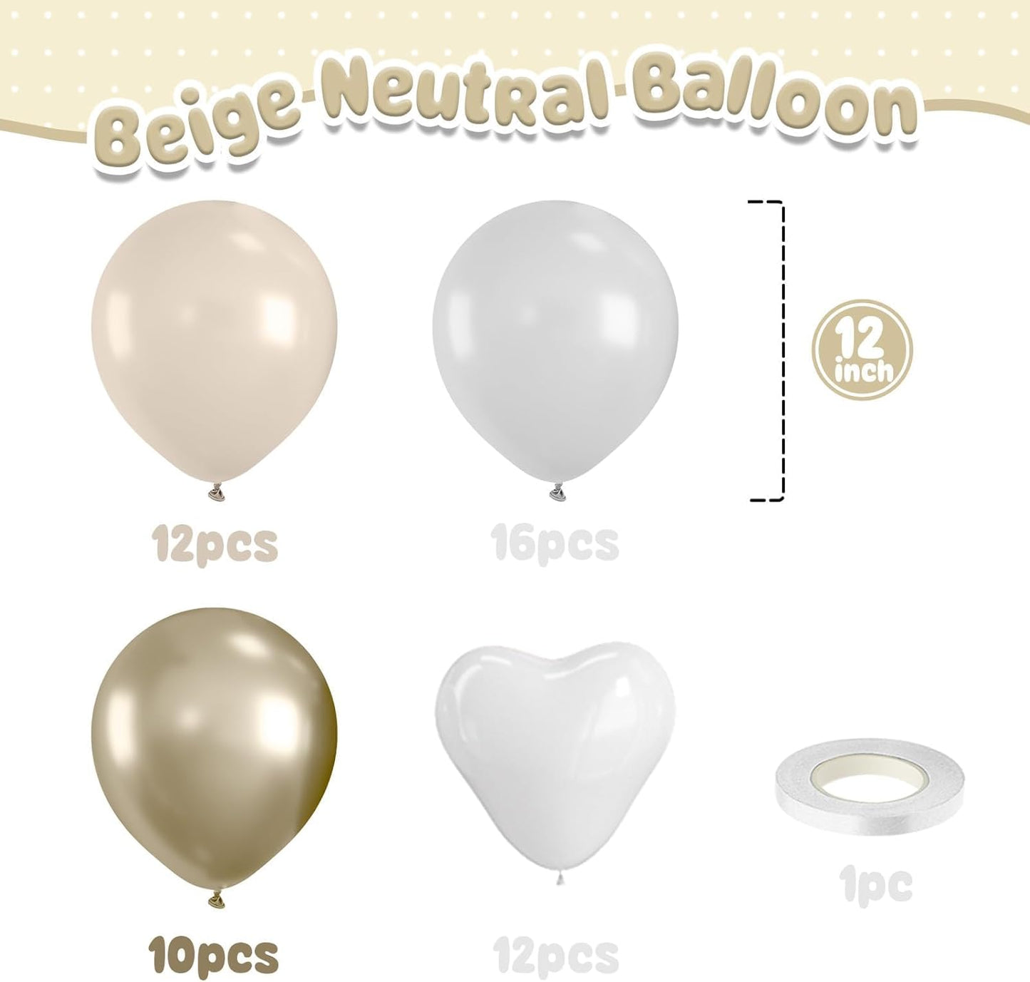 Beige Gold Balloons,50 Pcs 12 Inch White Metallic Latex Heart Balloons for Neutral Boho Birthday Engagement Wedding Anniversary Party Decorations