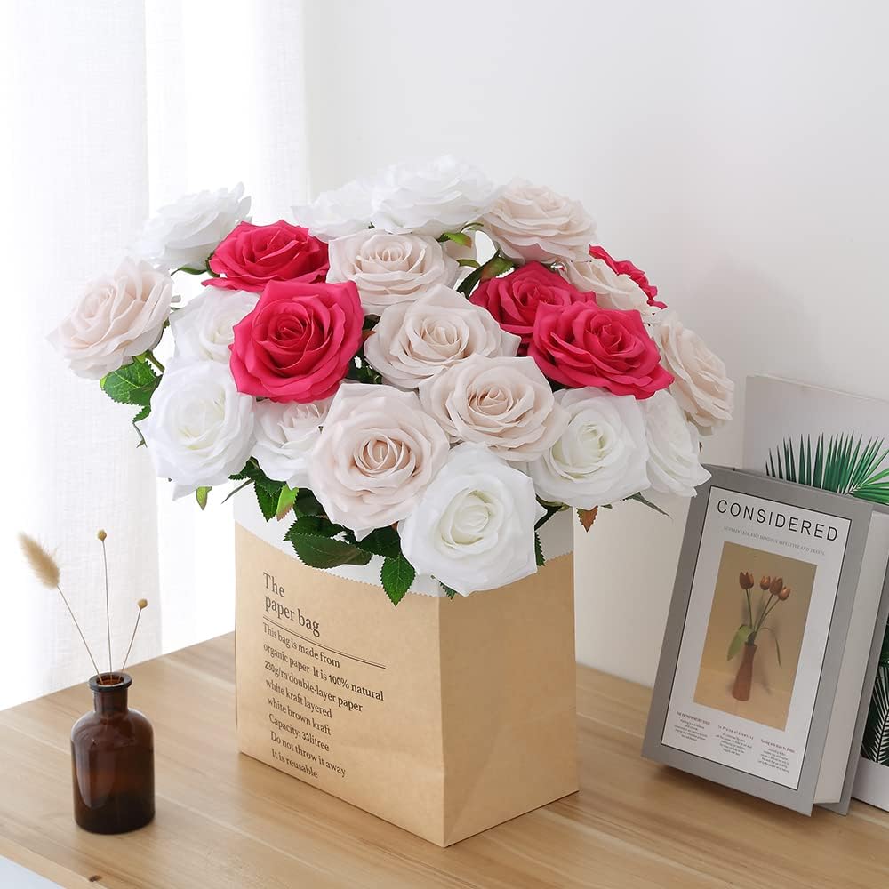 Artificial Rose 10pcs Open Flower Bouquet Faux Rose Stems for Wedding Arrangement, Bridal Bouquet, Centerpiece, Fake Faux Silk Flowers (Nude)