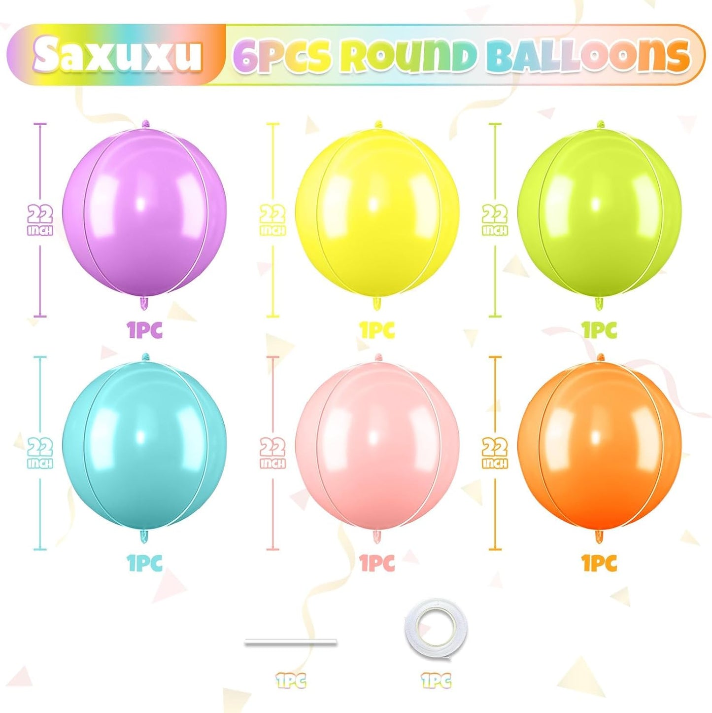 Giant 4D Foil Balloons, 6Pcs Pink Yellow Purple Blue Green Orange Round Balloons, 22 Inch Big Round Foil Balloon for Rainbow Balloon Birthday Party Baby Shower Wedding Decorations