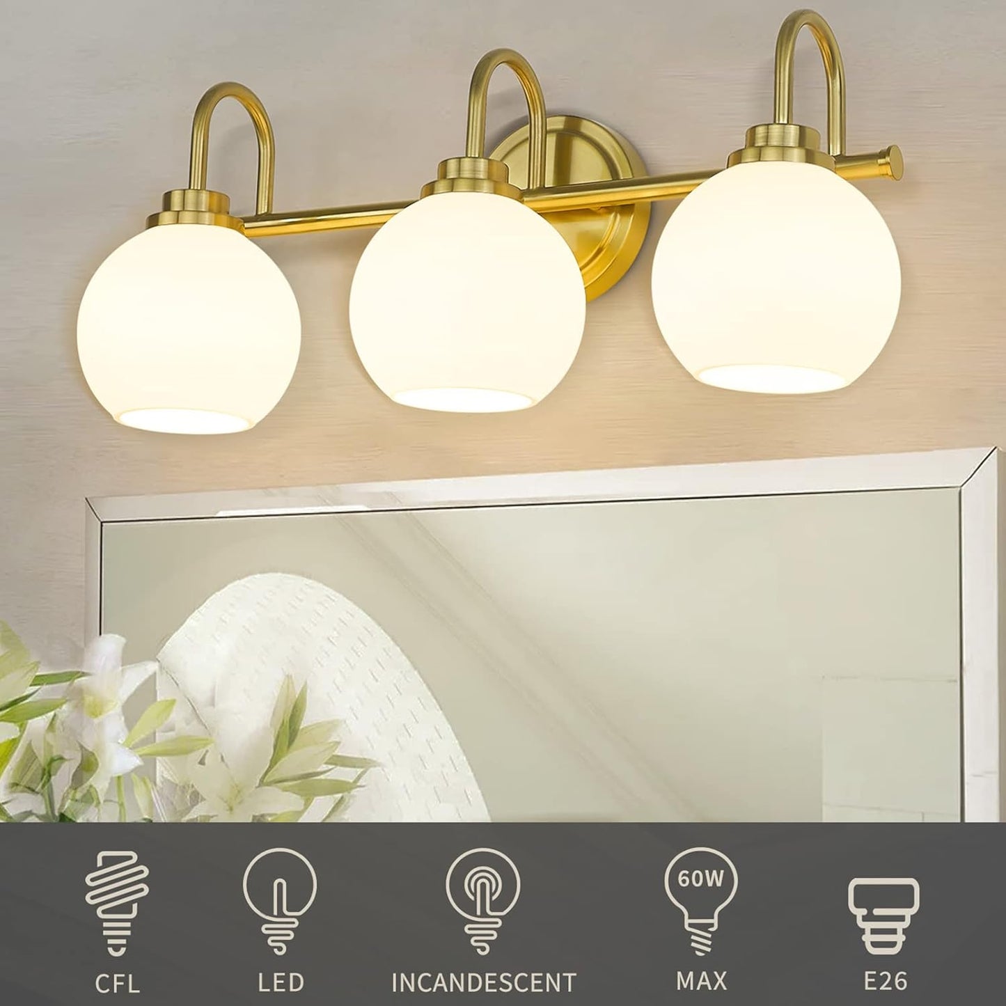Gold Bathroom Light Fixtures, 3 Light Gold Modern Bathroom Light Fixtures Over Mirror with White Milk White Globe Glass Shade for Bathroom