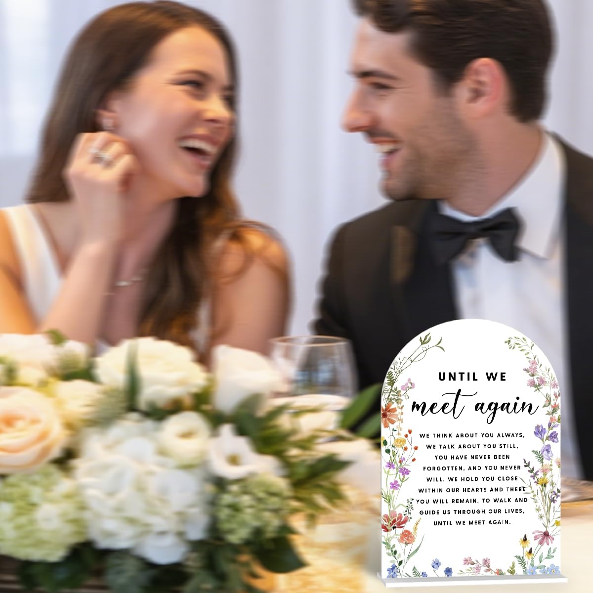 Acrylic Wedding Signs, Until We Meet Again Signs for Marriage Reception, Bridal Shower Decorations, Modern Arched Round Top Acrylic Table Top Sign with Holder for Wedding Party (White Wildflowers)