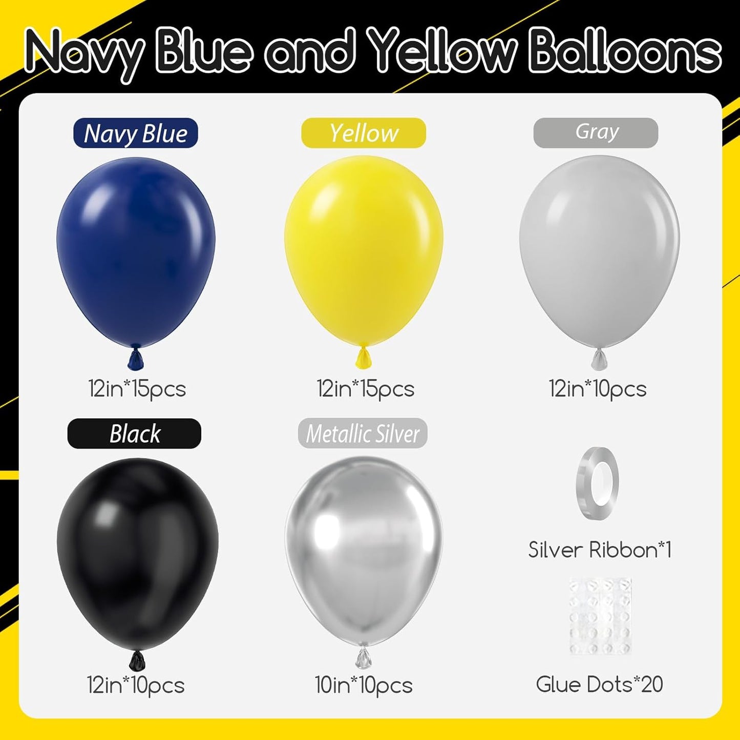 60pcs Black and Yellow Balloons 12inch with Navy Blue Yellow Gray Metallic Silver Balloons for Baby Shower Birthday Party Decorations for Men