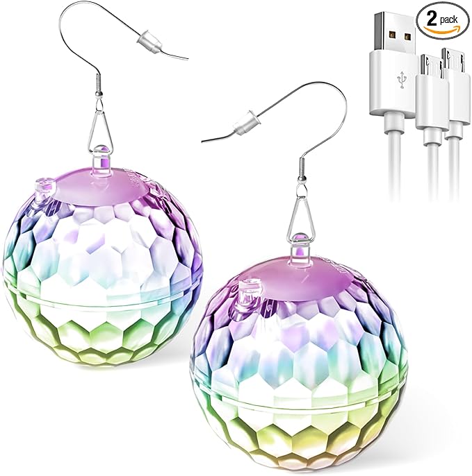 Light up Earrings Rhombic Disco Ball Earrings 16 Light Modes Rechargeable 60s 70s 80s Earrings for Women Concert, Disco Party, Rave Accessories