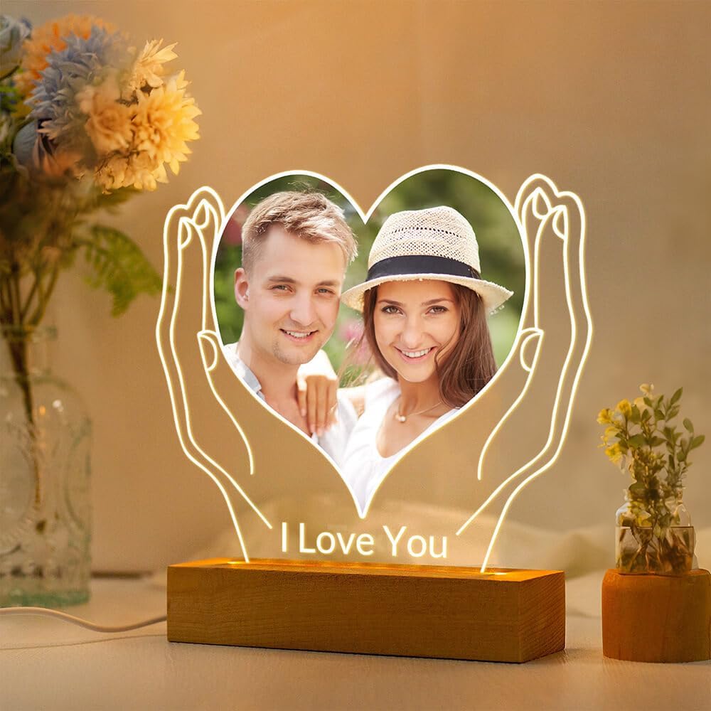 Custom Picture Frames with Photo, Personalized Photo Frames with Night Light, Customized Picture Photo Frame, Personalized Anniversary Couple Gifts for Women Men Her Him