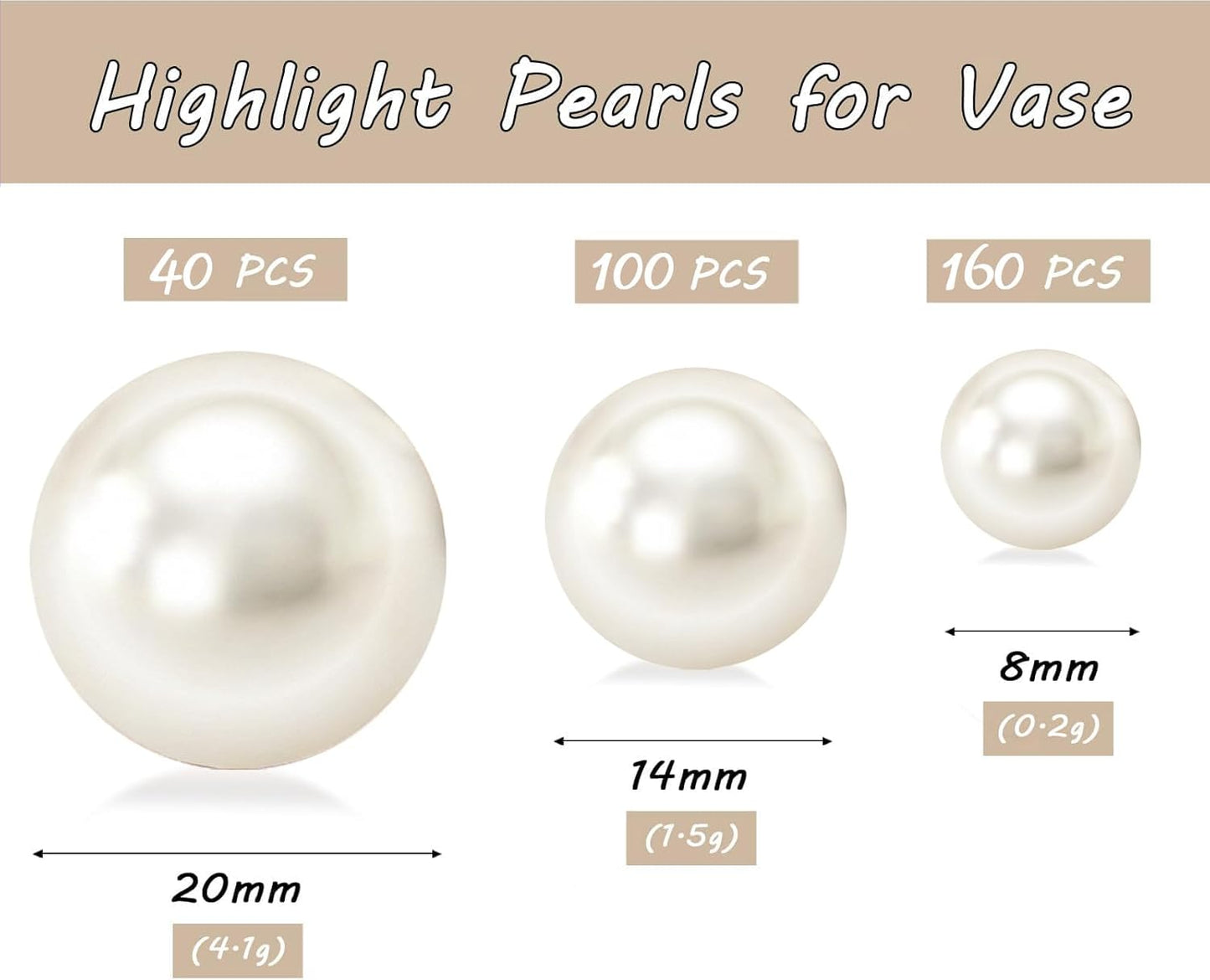300Pcs Cream Polished No Hole Faux Pearl Beads for Vase Filling Decorations, Plastic Pearls Vase Fillers, Table Scatters, Wedding Centerpiece, Home Decor, 8/14/20 mm