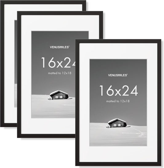 16x24 inch Picture Frame, 16x24 Photo Frames with 12x18 Removable Mat - High Definition Plexiglass - Vertical and Horizontal Display - Wall Hanging Poster Frame - Black, 3 Pack