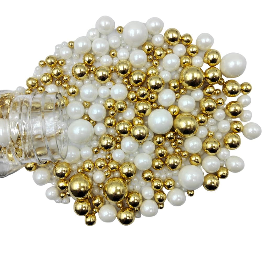 Edible Pearl Sugar Sprinkles White Gold Candy Mixing Size Baking Edible Cake Decorations Cupcake Toppers Cookie Decorating Celebrations Wedding Valentines Easter Halloween Christmas Supplies 120g/ 4.23oz