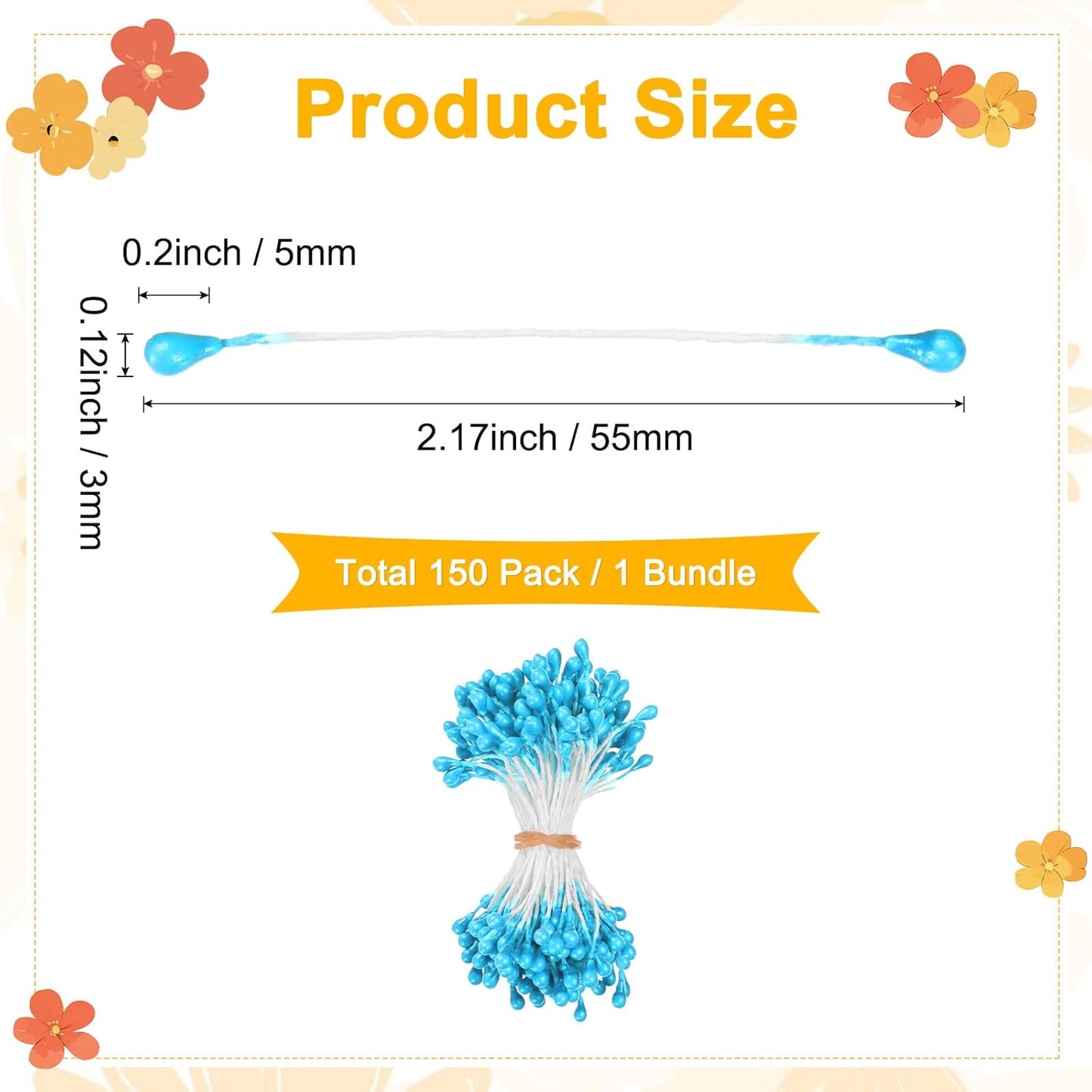 150-Pack Flower Stamens for Crafts, 5mm Double Heads Artificial Pearl Floral Pistil Mini Flower Pollens Stamens for DIY Making/Wedding/Scrapbook Decoration [Peacock Blue]