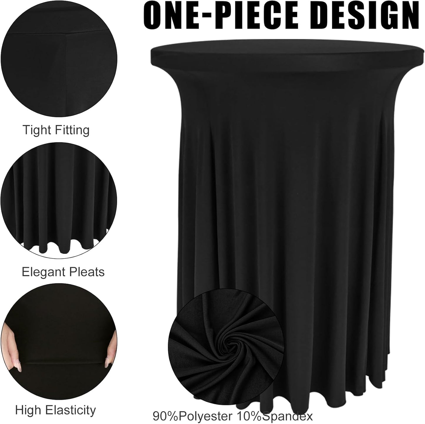 Fivenl 2 Pack Spandex Cocktail Table Skirt 32"x 43" Black Stretch Cocktail Table Cover, Washable Round High Top Tablecloth for Bar, Wedding, Party, Events (Black)