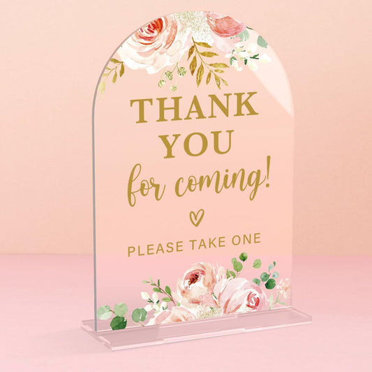Acrylic Wedding Signs, Bridal Shower Decorations, Modern Calligraphy Arch Acrylic Table Top Sign for Wedding Reception and Engagement Parties - Thank You for Coming (Clear Pink Flowers)