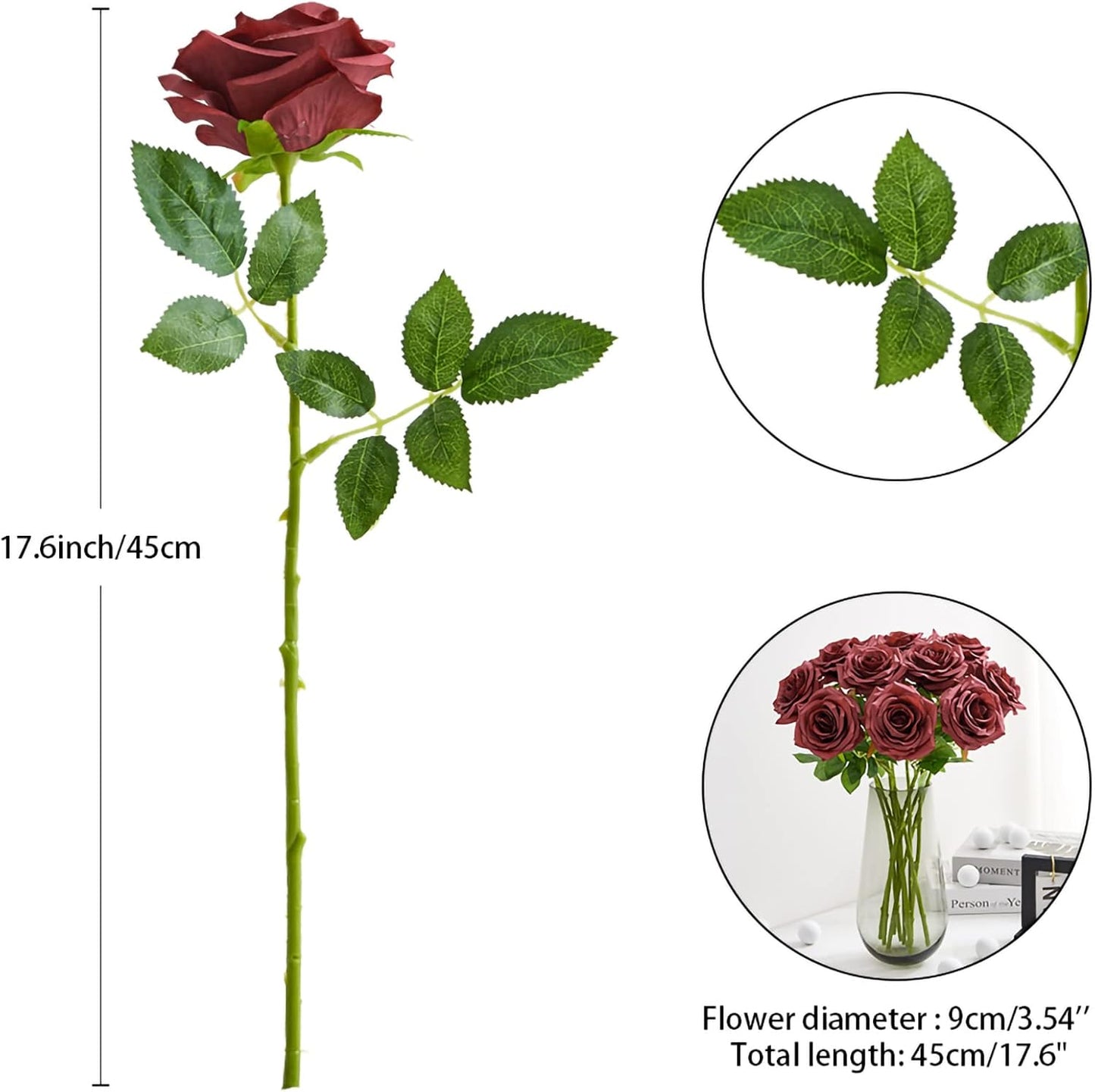 Artificial Rose 10pcs Open Flower Bouquet Faux Rose Stems for Wedding Arrangement, Bridal Bouquet, Centerpiece, Fake Faux Silk Flowers (Wine Red)