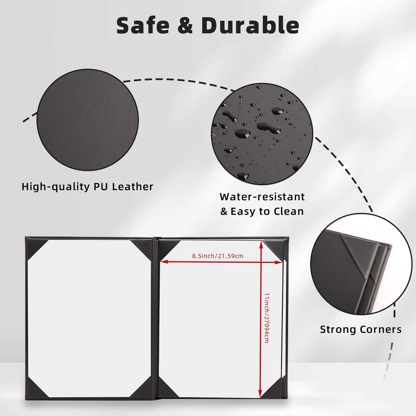 Premium Leather Menu Covers - Set of 10 Double-Sided Table Tent Cards for Restaurant, Dinner Party, and Bar Menus - Includes Bill Holder and Reserved Seating Signs - Easy to Clean and Foldable