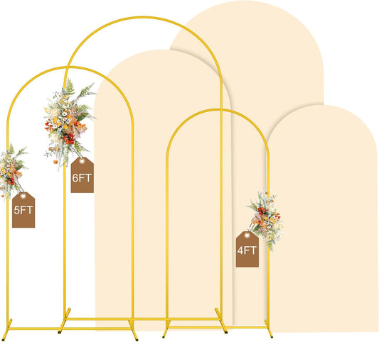MODFUNS Metal Arch Backdrop Stand and Cover Set 4&5&6ft Beige Wedding Arch Covers Gold Arched Cover Set of 3 Chiara Arches Backdrop Cover for Wedding Ceremony Party Banquet Decoration