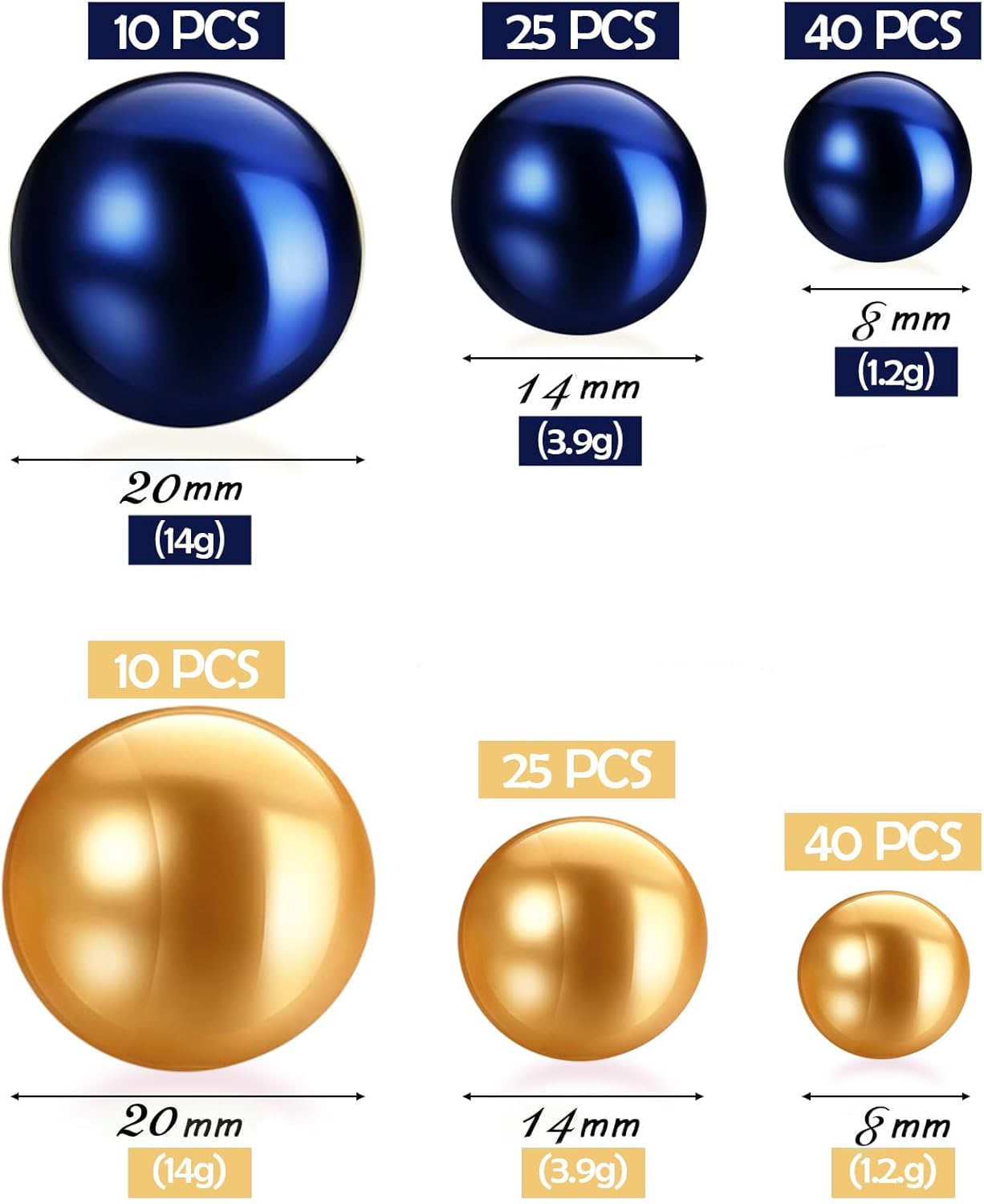 150Pcs Navy Blue&Gold Polished No Hole Faux Pearl Beads for Vase Filling Decorations, Plastic Pearls Vase Fillers, Table Scatters, Wedding Centerpiece, Home Decor, 8/14/20 mm