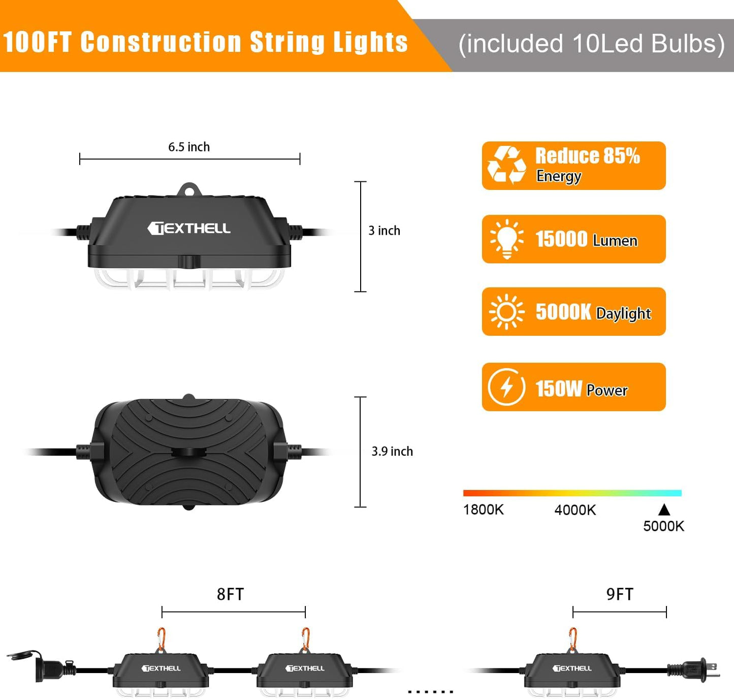100FT LED Construction String Lights, 150W Super Bright 15000LM Plug in Linkable String Work Lights, 5000K Waterproof IP67 Temporary Lighting for Construction Sites, Jobsites, Indoor & Outdoor