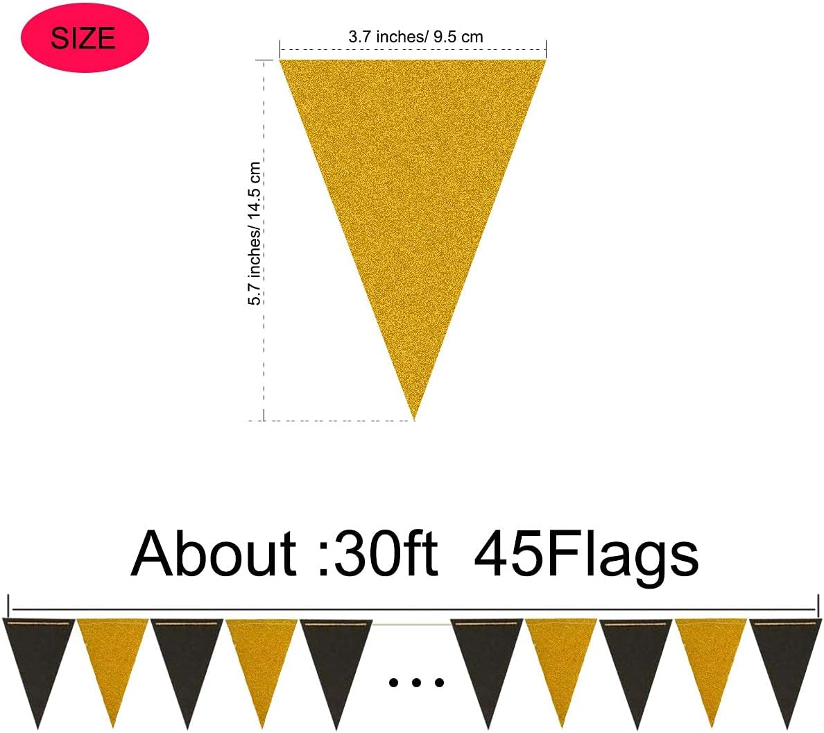 MerryNine Triangle Flag Bunting Banner, 3 Pack 30 Feet Vintage Style Pennant Banner for Wedding, Baby Shower, Event & Party Supplies 45pcs Flags (Triangle Flag - Black Gold Glitter)