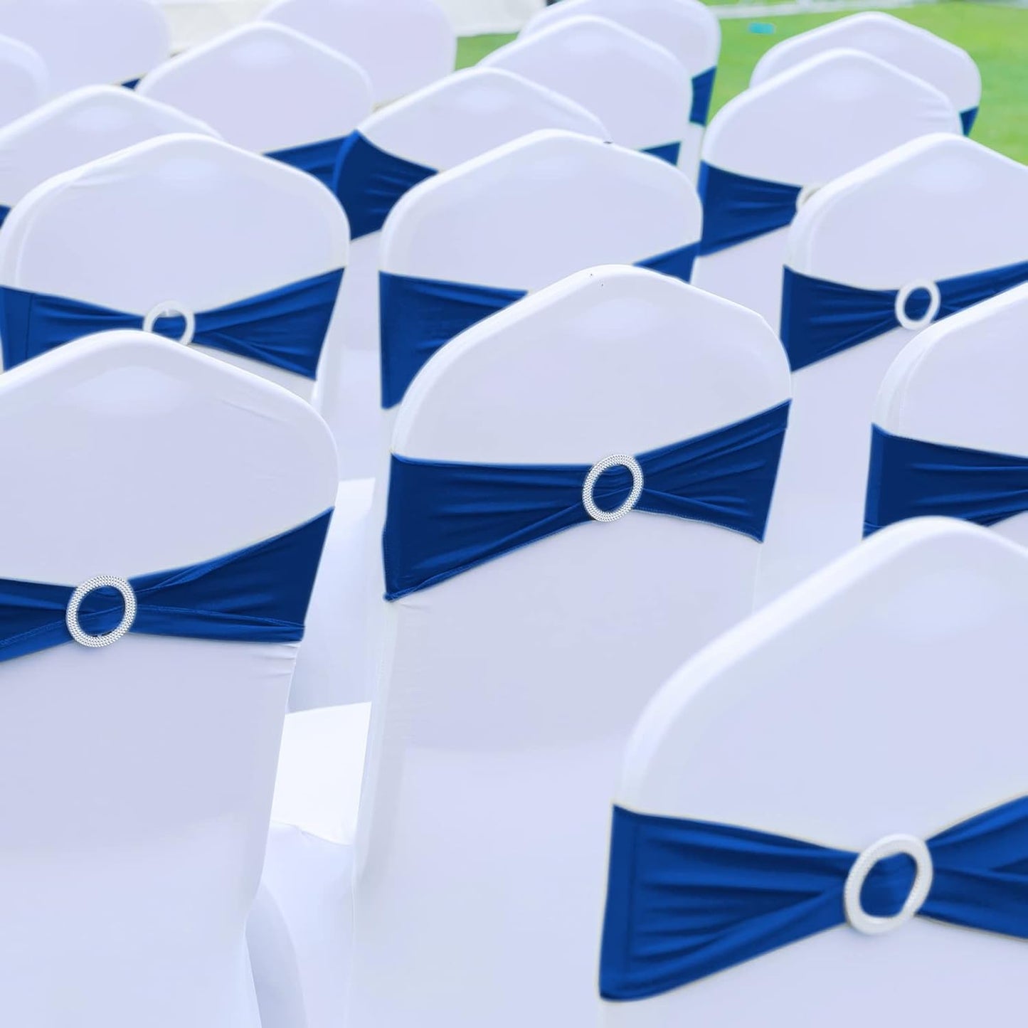 CHENGU 150 Pieces Spandex Stretch Chair Sashes Bows Elastic Chair Cover Bands Ties with Buckle Slider for Wedding Party Reception Events Universal Ceremony Banquet Decorations (Blue)