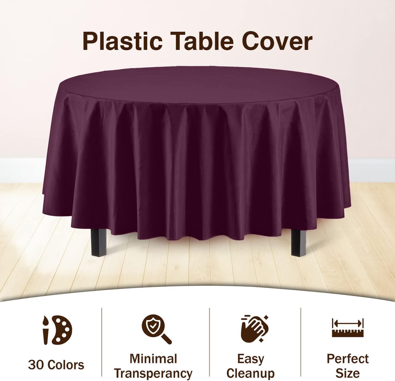 Party Solids Pack Of 12 Premium Plastic Tablecloth 84 Inch Round Table Cover - Plum