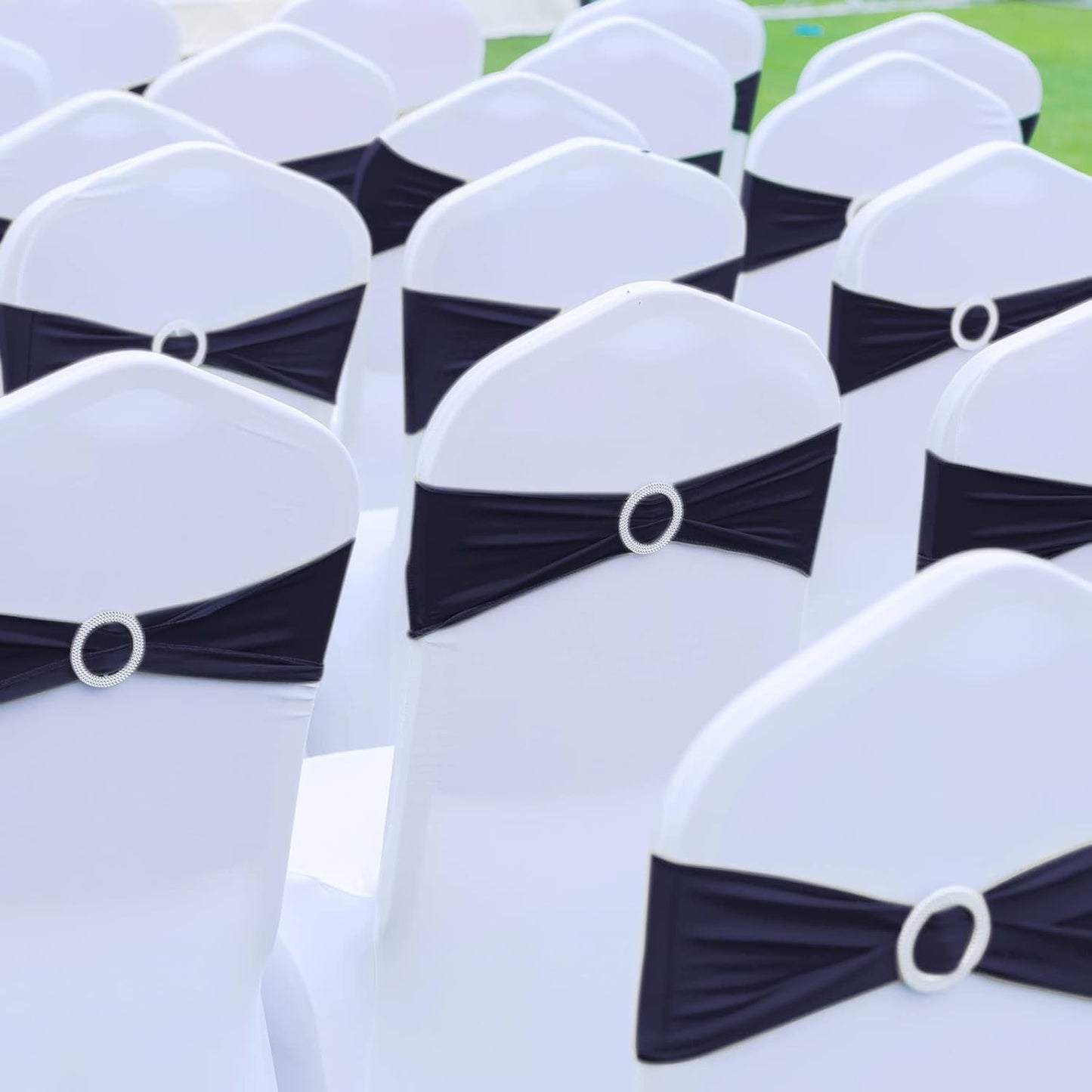 CHENGU 150 Pieces Spandex Stretch Chair Sashes Bows Elastic Chair Cover Bands Ties with Buckle Slider for Wedding Party Reception Events Universal Ceremony Banquet Decorations (Dark Blue)