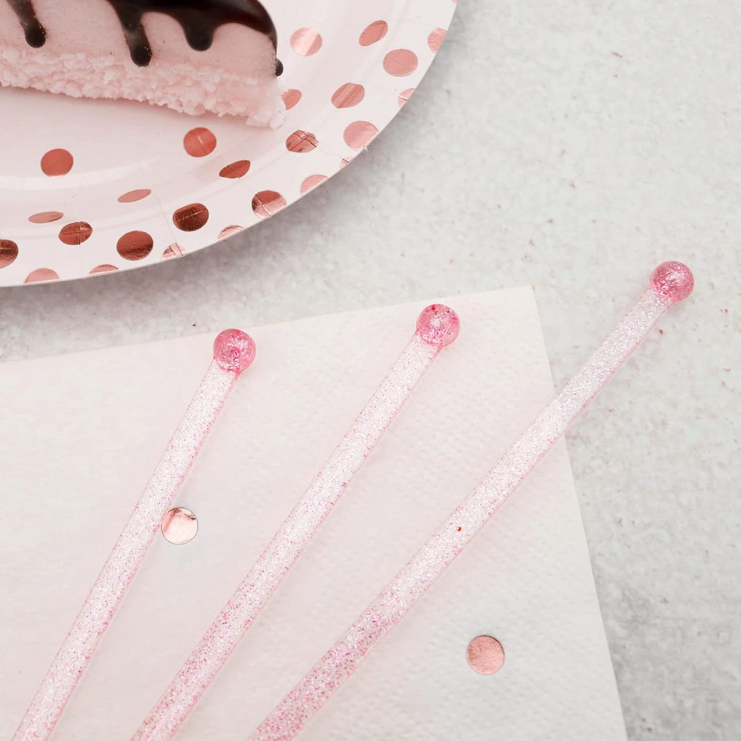 50-PCS Pink Glitter Plastic Swizzle Sticks, Crystal Cake Pops, Cocktail Coffee Drink Stirrers, Lolipop Stick, for Valentines Day Christmas Party, 7.24 Inch