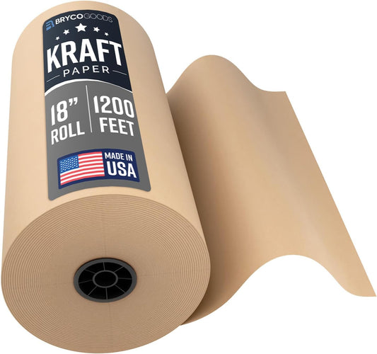 Bryco Goods Brown Kraft Paper Roll - 18" x 1200' (14,400") - Made in USA - Ideal for Gift Wrapping, Packing, Moving, Postal, Shipping, Parcel, Wall Art, Crafts, Bulletin Boards, Floor or Table Cover