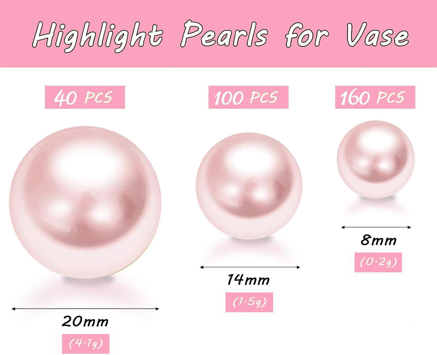 300Pcs Pink Polished No Hole Faux Pearl Beads for Vase Filling Decorations, Plastic Pearls Vase Fillers, Table Scatters, Wedding Centerpiece, Home Decor, 8/14/20 mm
