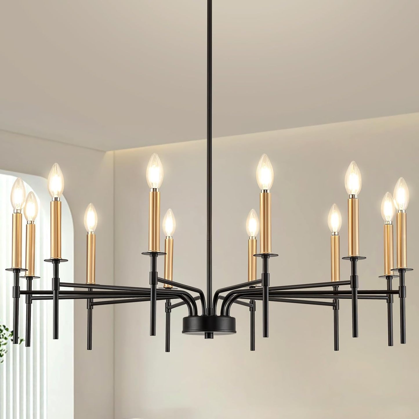 12 Light Modern Farmhouse Black and Gold Chandeliers for Dining Room Light Fixture, Metal Candle Chandelier Lighting Fixtures for Living Room Stair Foyer Entryway Bedroom Kitchen